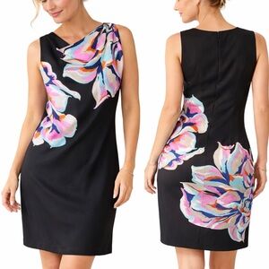 Ann Taylor LOFT Draped Neck Sheath Dress Size 6 Black with Large Floral print